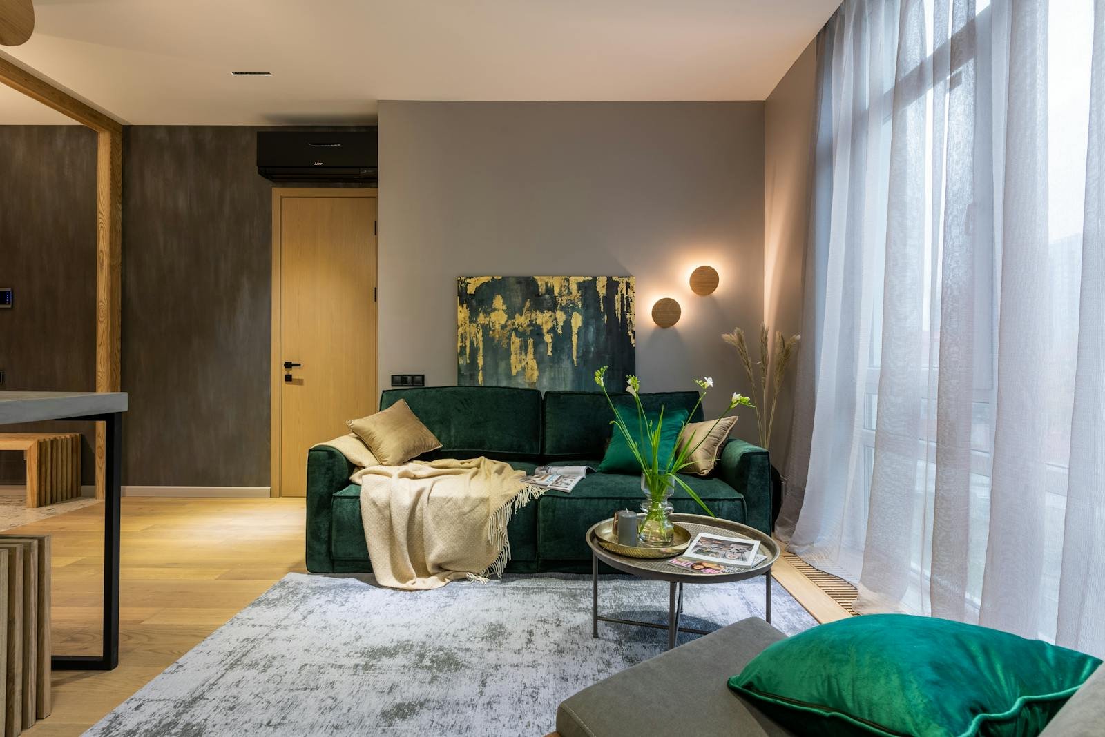 Stylishly designed living room with luxurious elements and modern decor.